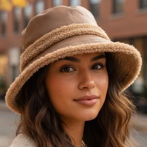 CC Beanie Womens Brown Faux‎ Leather Sherpa Trim Bucket Hat Winter NWT
